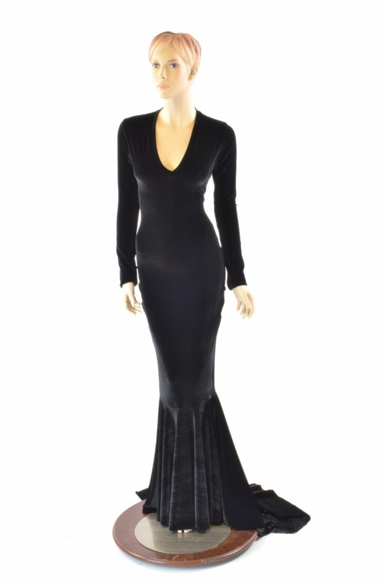 Black Velvet Morticia V-Neck Gown with Long Sleeves and Puddle Train 151555 image 1