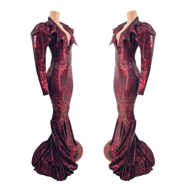 Primeval Red Puddle Train Gown with Demonica Collar and Victoria Sleeves