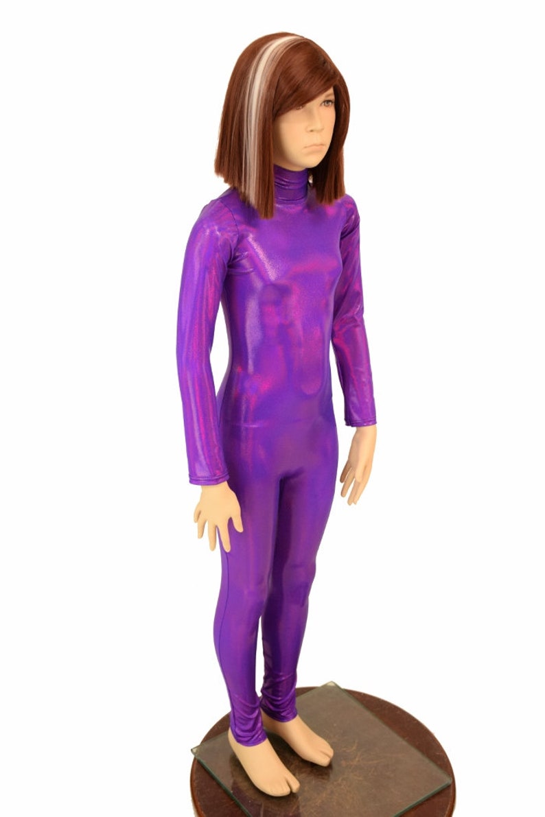 Kids Grape Purple Holographic Turtleneck Long Sleeve Back Zipper Catsuit Shimmery Metallic Sizes 2T 3T 4T and 5-12 155973