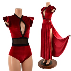 Red Velvet & Black Mesh Romper and Breakaway Skirt Set EMK1579116