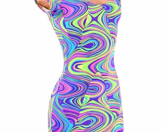 UV Glow Neon Glow Worm Print Spandex Bodycon Cap Sleeve Mini Dress