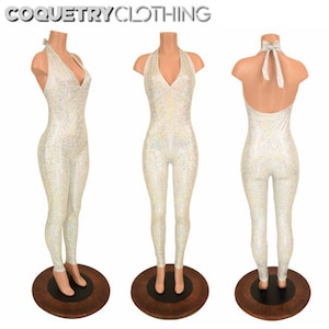 Silver on White Shattered Glass Holographic Sparkly "Monroe" Halter Catsuit - 156291