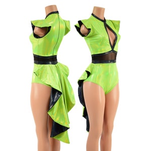 Neon Lime Holographic Romper with Keyhole Neckline, Flip Sleeves and Tux Back / Black Mesh waist panel. Black Holographic trim -  1579158