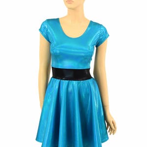 Peacock Holographic &quot;Bubbles&quot; Cap Sleeve Skater Dress with Black Mystique Waistband Spandex Super Hero Girl Power 90&#39;s Cartoon - 154995