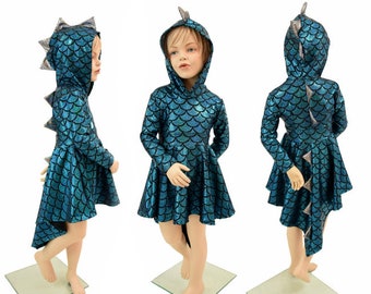 Long Sleeve Dragon Hooded Skater Dress w/Dragon Tail Hemline Girls Size 2T-12 Turquoise Dragon Scale w/Silver Holo Spikes & Hoodliner 155493