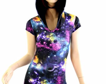 UV Glow Galaxy Cap Sleeve Hoodie Romper w/Black Zen Hood Liner and Boy Cut Leg