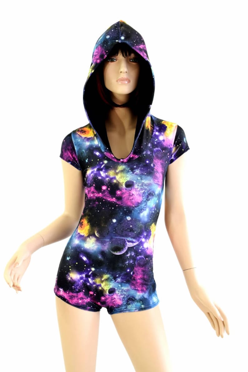 UV Glow Galaxy Cap Sleeve Hoodie Romper w/Black Zen Hood Liner and Boy Cut Leg 154475 image 1