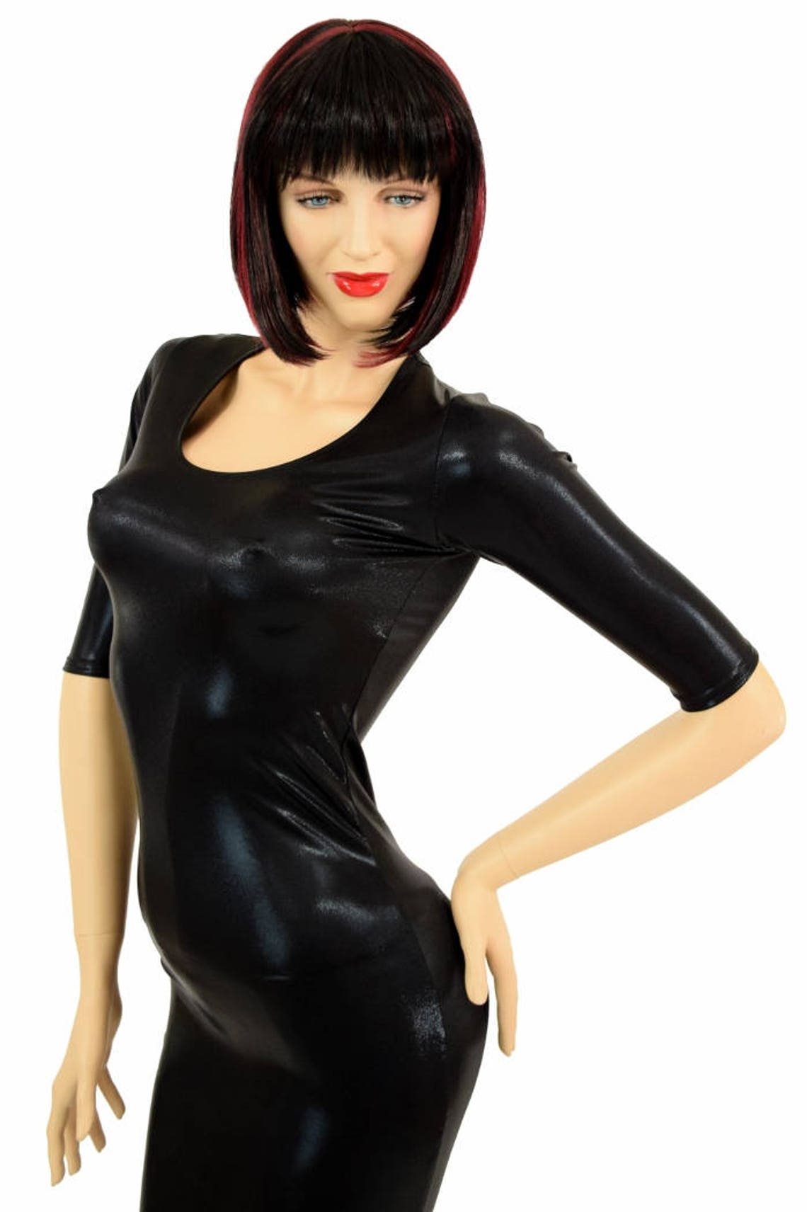 Black Holographic Crew Neck Wiggle Dress main image 1