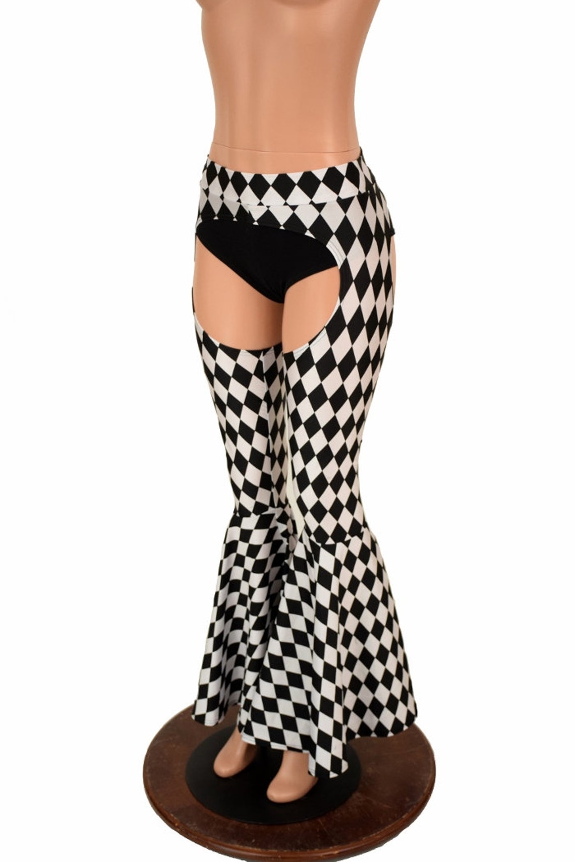 Mid Rise Bell Bottom Flare Chaps in Black & White Diamond Print UV GLOW ...