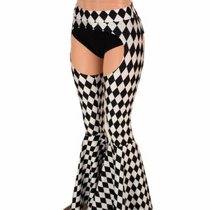 Mid Rise Bell Bottom Flare Chaps in Black & White Diamond Print UV GLOW ...