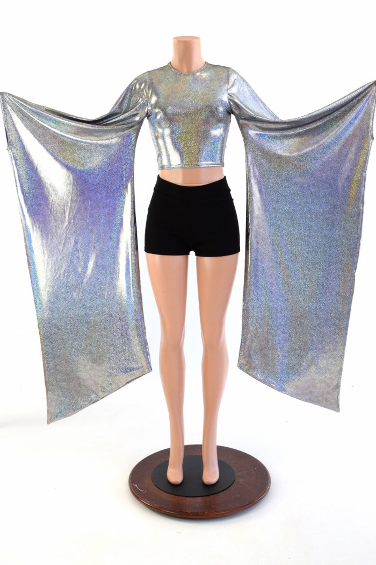 Silver Holographic Kimono Sleeve Crop Top With Crew Neckline Etsy