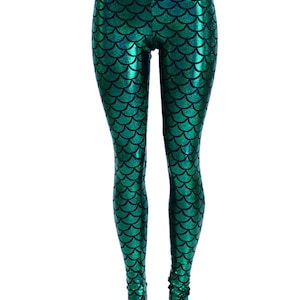 Mermaid High Waist Leggings in Green Dragon Scale E8164 image 3