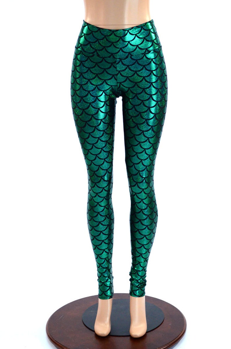 Mermaid High Waist Leggings in Green Dragon Scale E8164 image 3