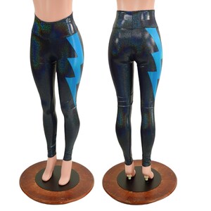 Black Holographic High Waist Leggings with Silver Peacock Bolts on back right and front left thighs 85923