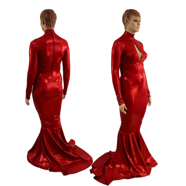 Red Sparkly Jewel Long Sleeve Puddle Train Gown with Keyhole Neckline and Back Zipper 15810333