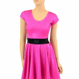 Pink Sparkly Jewel &quot;Blossom&quot; Cap Sleeve Skater Dress with Black Mystique Waistband Spandex Super Hero Girl Power 90&#39;s Cartoon - 154996