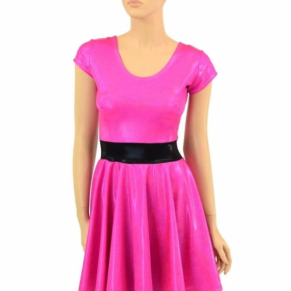 Pink Sparkly Jewel "Blossom" Cap Sleeve Skater Dress with Black Mystique Waistband Spandex Super Hero Girl Power 90's Cartoon - 154996