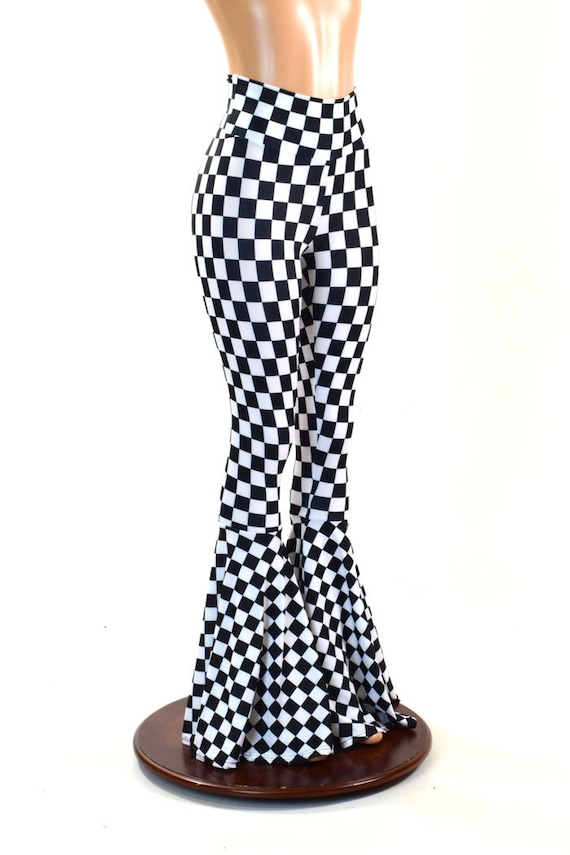 Black and White Checkered UV Glow Bell Bottom Flares Leggings With High  Waist & Stretchy Spandex Fit 150903 