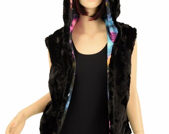 Minky Faux Fur Zipper Front Short Vest in Black Minky with UV Glow Galaxy Liner and KITTY EARS