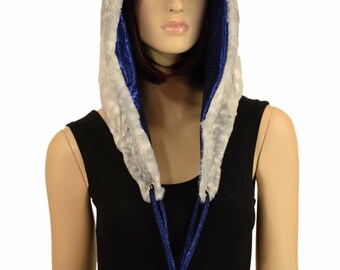 Silver Fawn Minky Faux Fur Pom Pom Hood with Blue Sparkly Jewel liner // Blue Sparkly Jewel ties // Silver Fawn Minky Pom Poms - 156574