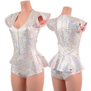 May include: A silver iridescent bodysuit featuring a scale-like pattern, a front zipper closure, short ruffled sleeves, and a flared peplum waist. The garment is shown from both the front and back views, displaying the reflective metallic finish.