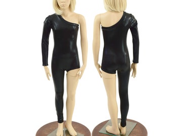 May include: Black one-shoulder leotard with a long sleeve on one arm. The leotard is made of a shiny, stretchy fabric. The leotard is shown on a mannequin.
