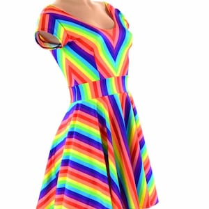 Rainbow Stripe Darted Cap Sleeve Fit and Flare Skater Dress 151388