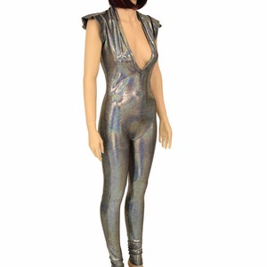 Silver Holographic Plunging V Neck Catsuit with Flip Sleeves 155552