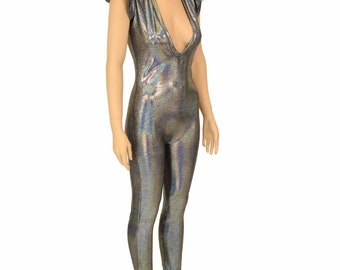 Silver Holographic Plunging V Neck Catsuit with Flip Sleeves 155552