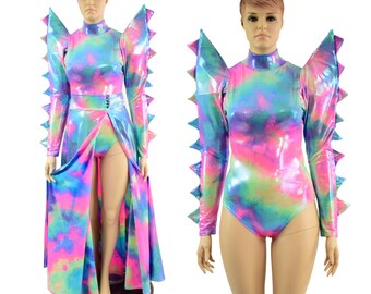 Cotton Candy Romper w/ Turtleneck, Back Zipper, Mega Sharp Shoulder Long Sleeves with Spikes, SIREN Cut Leg + Long Breakaway Skirt