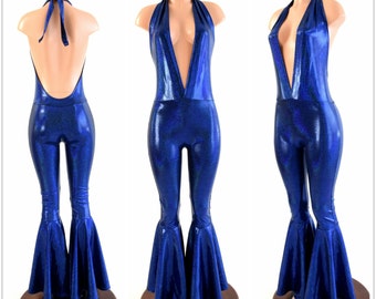 Blue Sparkly Jewel Metallic "Josie" Halter Catsuit with Bell Bottom Flares