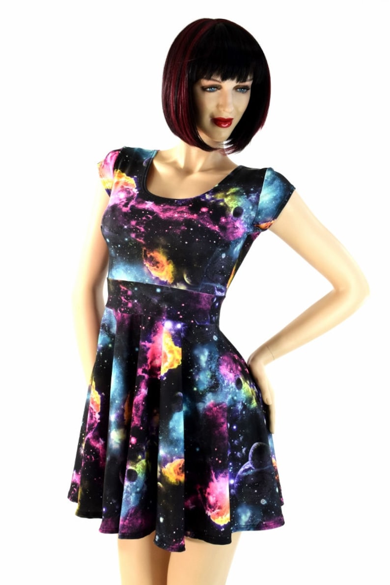 UV Glow Galaxy Print Cap Sleeve Fit and Flare Skater Skate Dress E7846 image 1