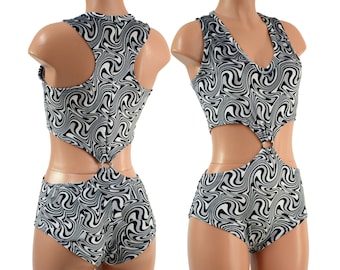 Distortion Velvet Racerback V Neck Romper with O-Rings and Siren Cut Leg.