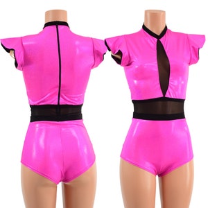 Neon Pink siren romper with Inset keyhole neckline and mesh waist panel / Flip sleeves and back zipper// All trim in black mesh - 158087