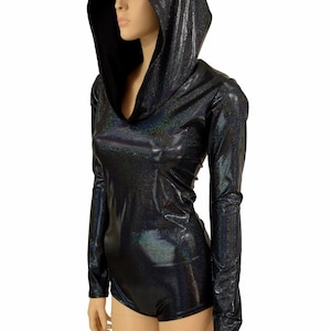 Long Sleeve Black Holographic Romper with Black Zen Hood Liner and Boy Cut Leg -E8231