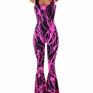 Neon UV Glow Pink Lightning Print Sleeveless Spandex Catsuit with Bell Bottom Flares 152280