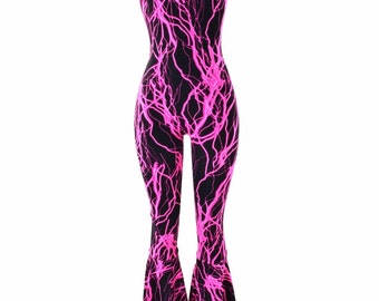 Neon UV Glow Pink Lightning Print Sleeveless Spandex Catsuit with Bell Bottom Flares 152280