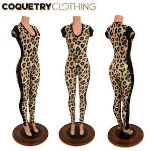 Leopard Print Catsuit with Black Mystique Cap Sleeves, V Neckline, and Side Panels - 156586