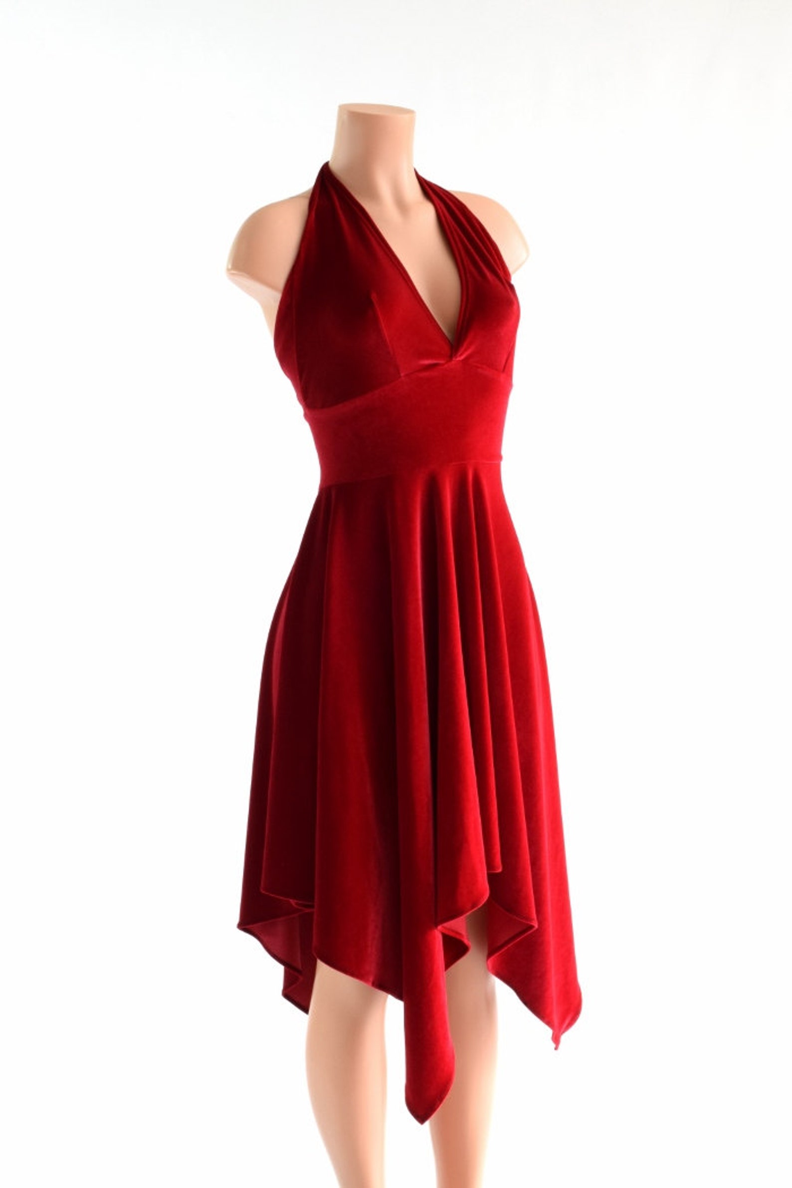 Handkerchief Hemline Halter Dress in Red Stretch Velvet 152386 Etsy