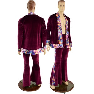 Mens Side Panel Solar Flares and Not-A-Cardigan Set in BURGUNDY Velvet with METEORITE Trim 15810148