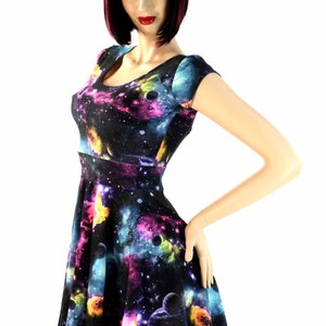 UV Glow Galaxy Print Cap Sleeve Fit and Flare Skater Skate Dress E7846 image 2