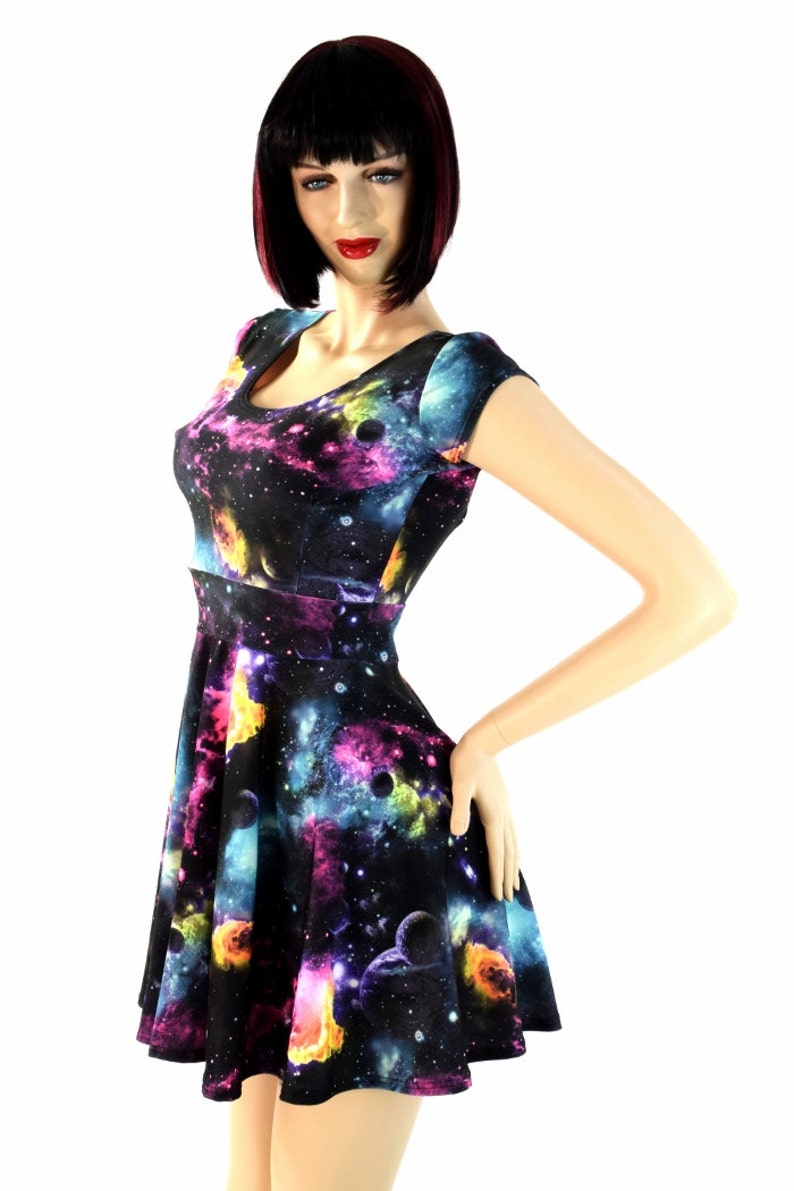 UV Glow Galaxy Print Cap Sleeve Fit and Flare Skater Skate Dress E7846 image 2