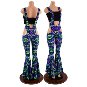 May include: Purple and green patterned pants with cutouts and suspenders. The pants are flared at the bottom.