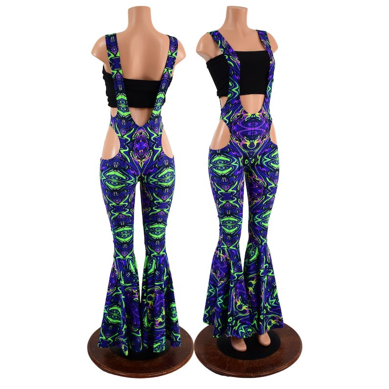May include: Purple and green patterned pants with cutouts and suspenders. The pants are flared at the bottom.