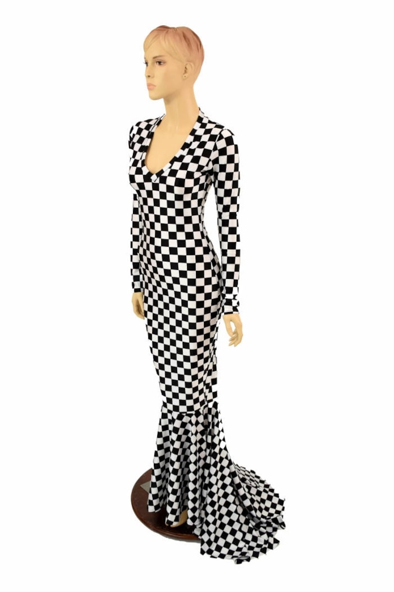 Black & White Checkered Print Vneck Gown With Long Sleeves Etsy