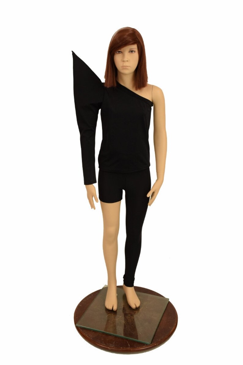 Kids Bowie Inspired 2PC Full Length Top /& Leggings Right Shoulder Mega Sharp Shoulder Long Sleeve Left Leg Full Length in Black Mystique