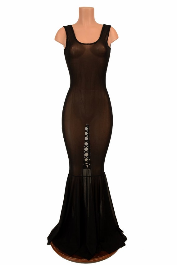 Sheer Black Mesh See Through Tank Style Fishtail Gown With Lace up