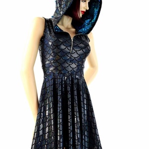 Black Dragon Scale Sleeveless Zipper Hoodie Skater Dress with Dragon Tail Hemline, Turquoise/Black Shattered Glass Spikes & HoodLiner 154198 image 3