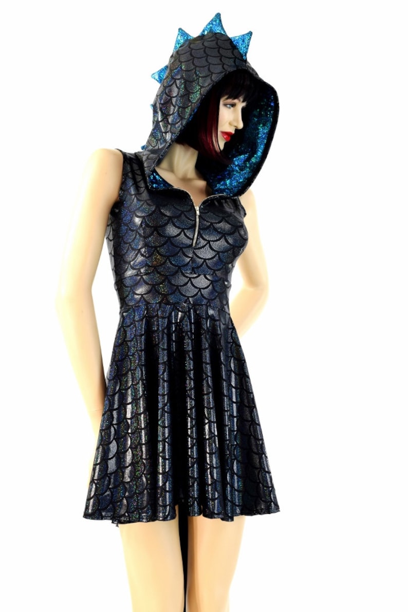 Black Dragon Scale Sleeveless Zipper Hoodie Skater Dress with Dragon Tail Hemline, Turquoise/Black Shattered Glass Spikes & HoodLiner 154198 image 3