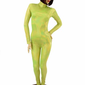 Lime Green Holographic Shimmery Turtle Neck Long Sleeve Back Zipper Catsuit - 154861